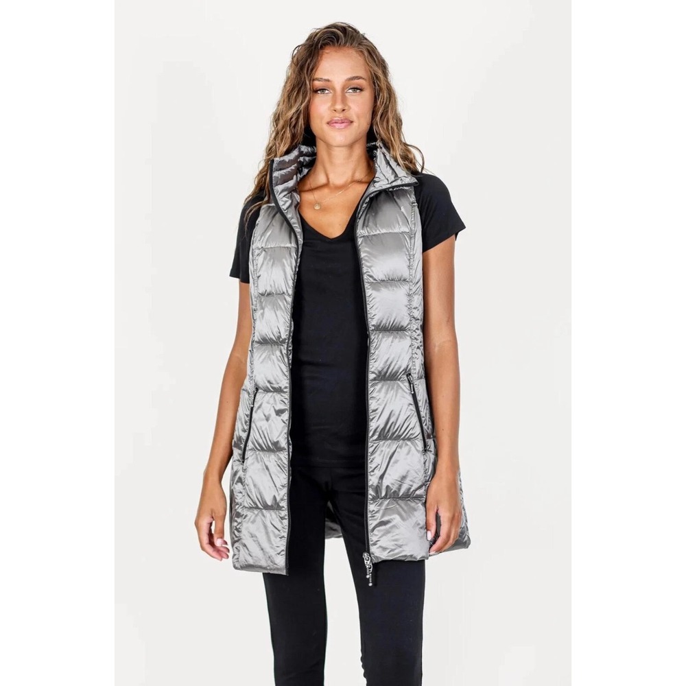 My Anorak Long Metallic Down Vest Womens XS Silver Packable Puffer Apres Ski